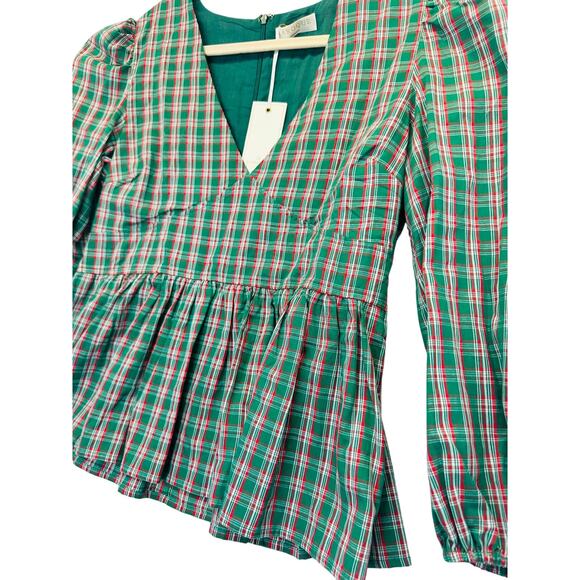 LaRoque Cara Top Peplum Puff Sleeve Blouse in Green Plaid size Medium NEW - Picture 4 of 9